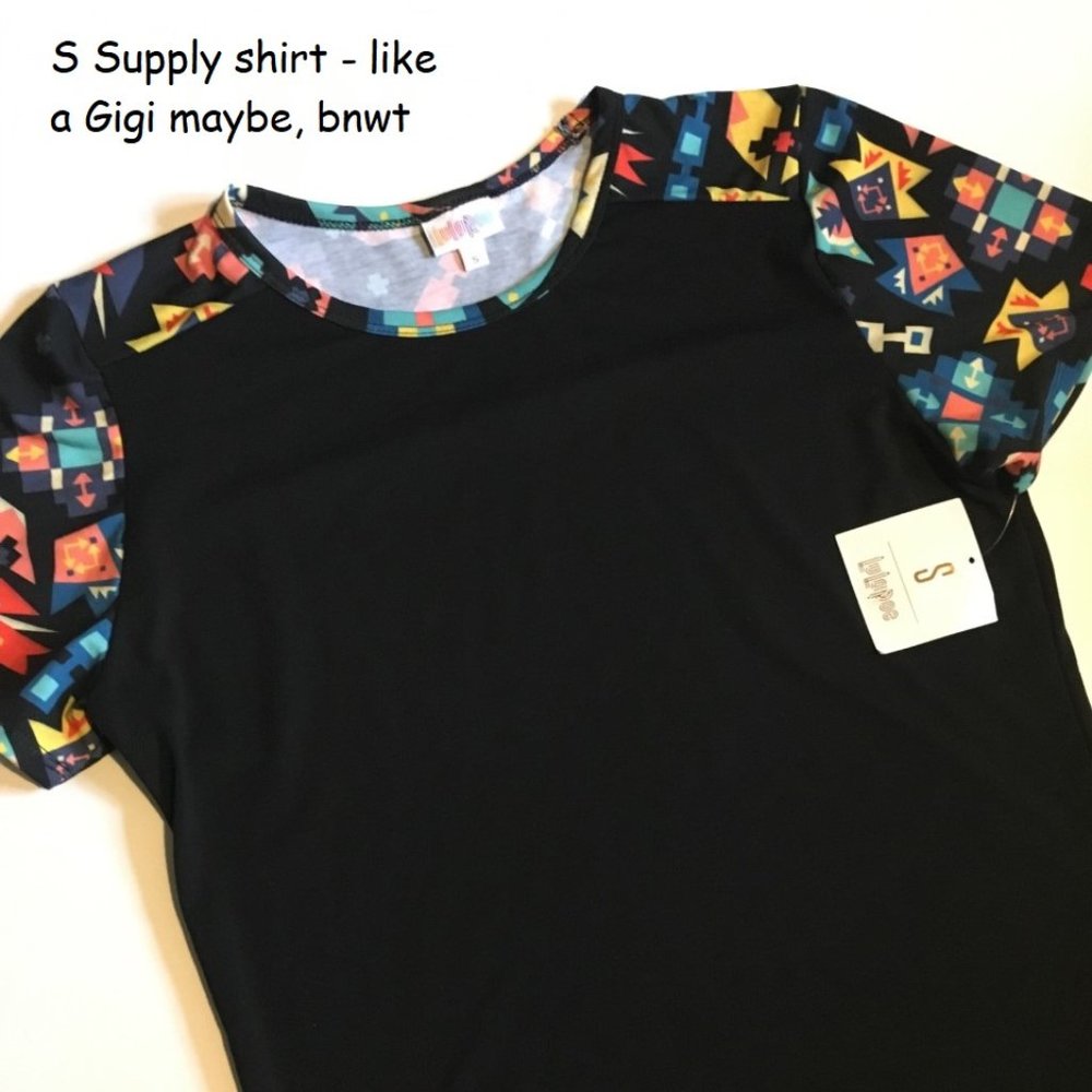 Small Lularoe Supply T, black with colorful sleeves
